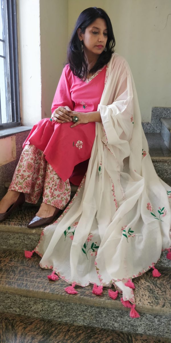 Kurta in Cotton Cambric with Palazzo and Dupatta in Cotton Malmal Embroidered