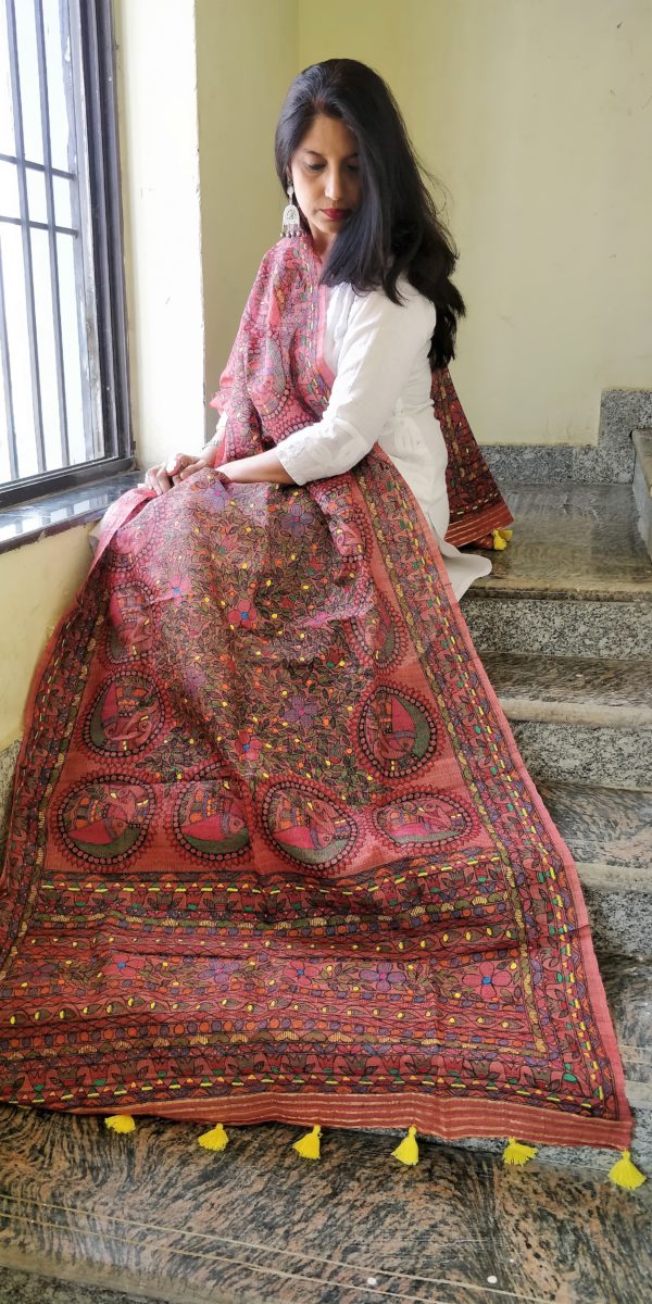 Dupatta Ghicha Silk Madhubani Handpainted