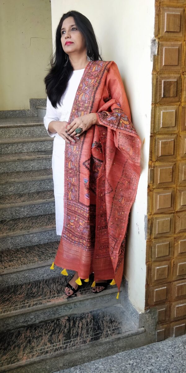 Dupatta Ghicha Silk Madhubani Handpainted