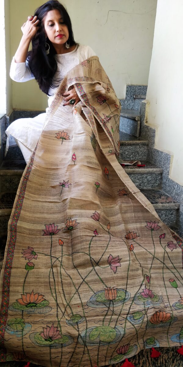 Dupatta Ghicha Silk Madhubani Handpainted